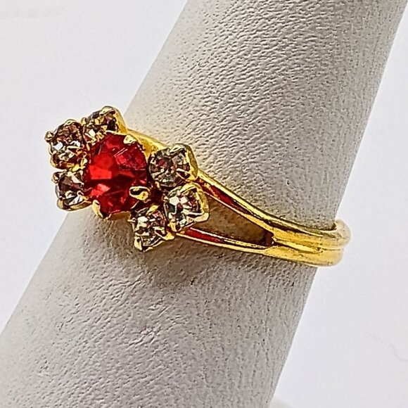 Vintage Womens Gold Plated Red Cubic Zirconia Ring Adjustable Elegant Romantic - Picture 3 of 7